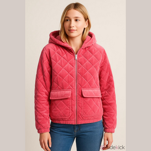 Bibi Quilted Velour Hooded Zip Up Jacket Pink Small